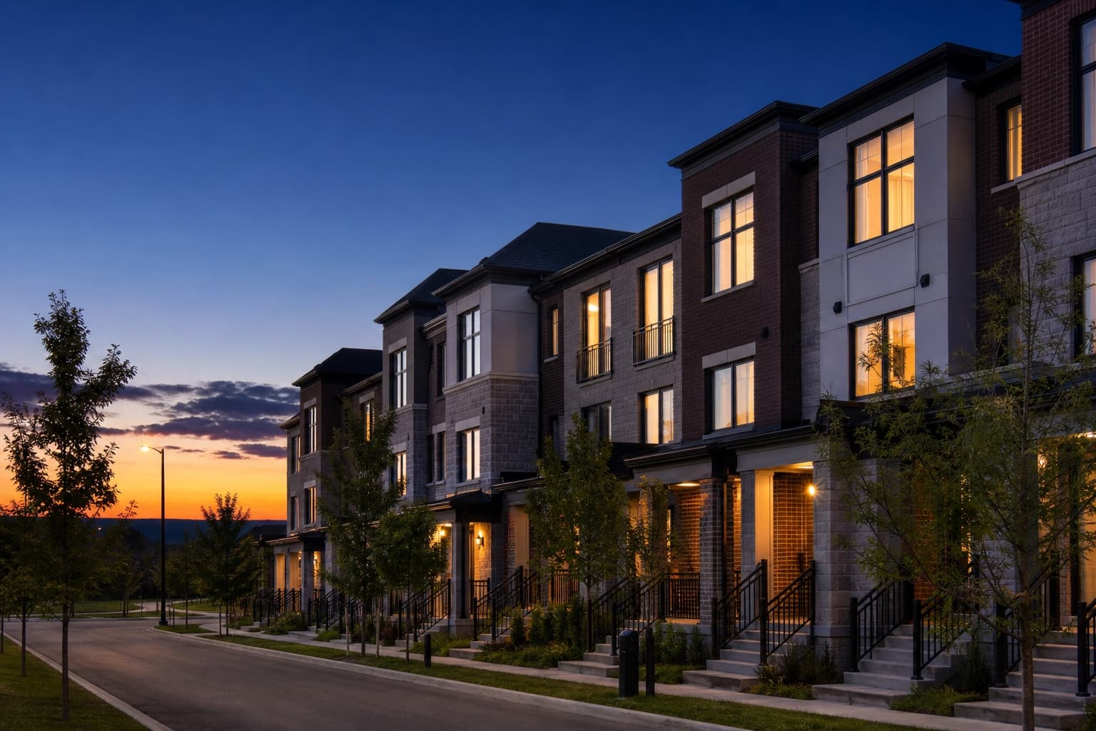 Illustrative AI-generated streetscape of contemporary townhomes at dusk, not an official Bridgelands elevation