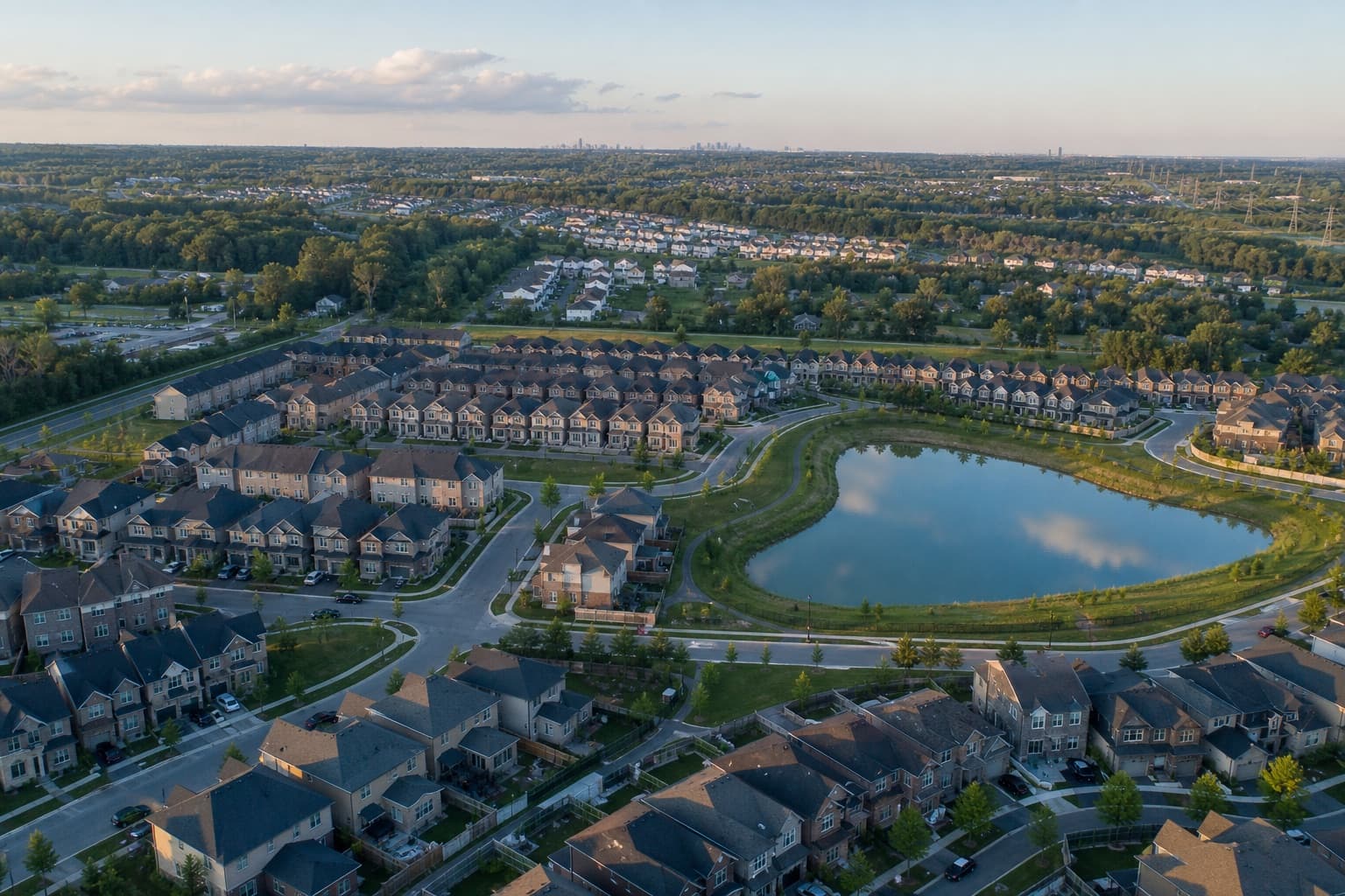 Illustrative AI-generated bird’s-eye view of low-rise streets, parks, and a pond